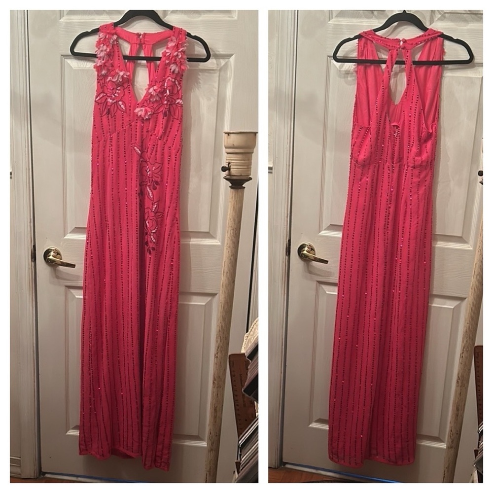 Hot Pink Floral Sequined Prom Gown - Picture 12 of 16